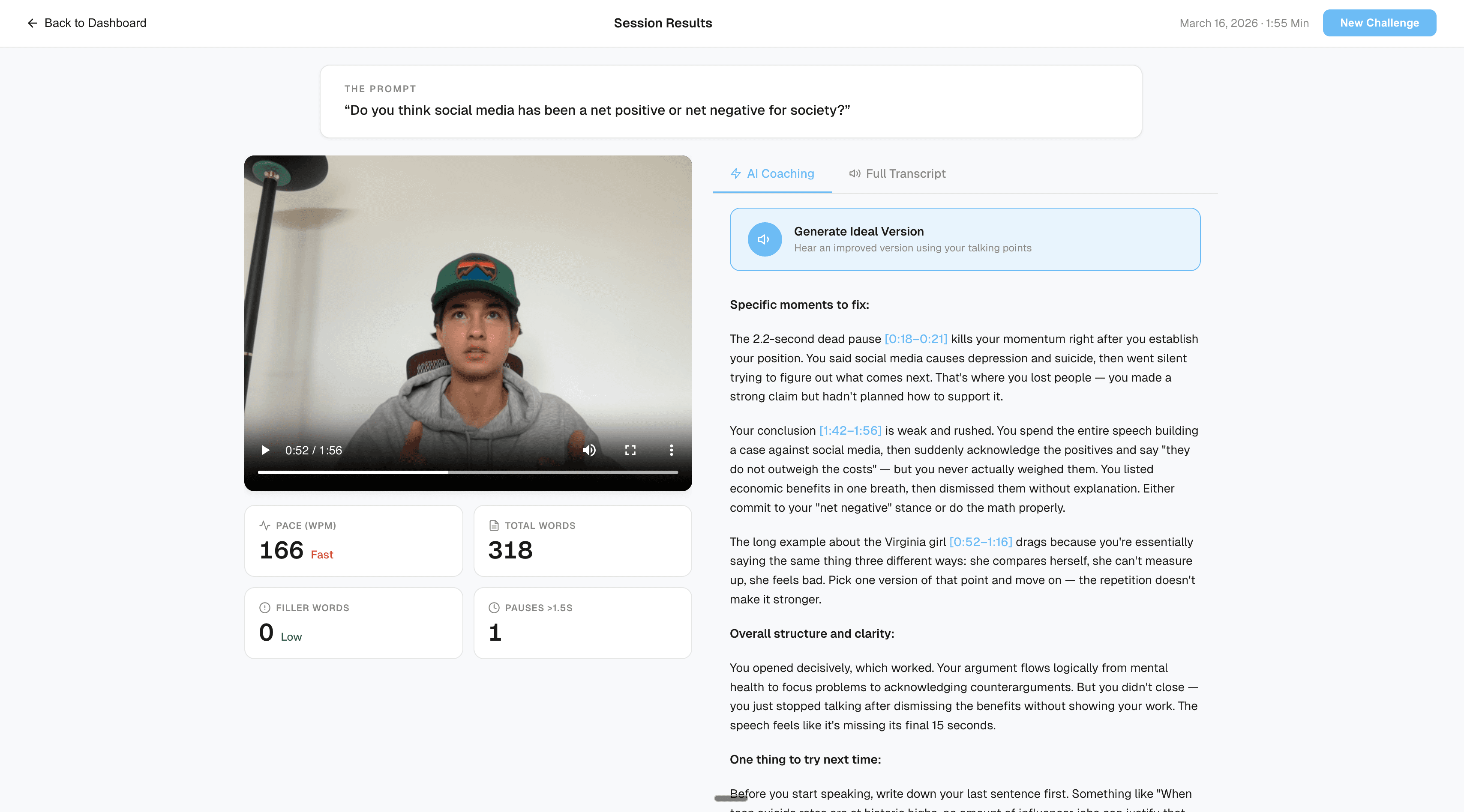 AI feedback with filler word count, pacing, and coaching